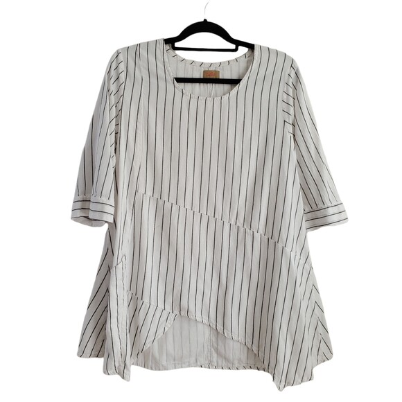 S Tulip Pippa Striped Asymmetrical Lagenlook Blouse Half Sleeve Artsy Tunic - Picture 2 of 12